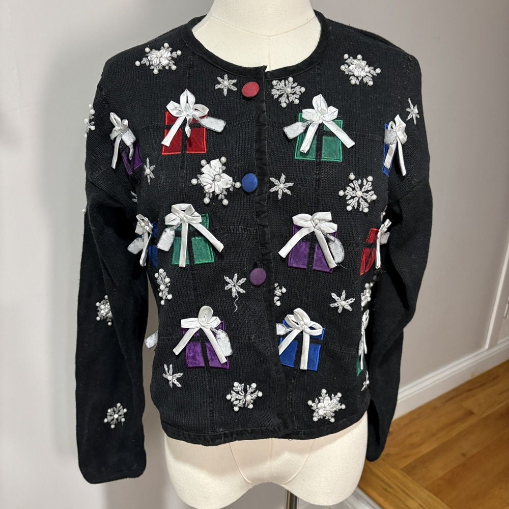 Vtg Mandal Bay Black Gift Box Ugly Christmas Sweater Cardigan embroidered Sz S